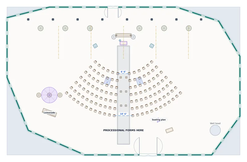 Ceremony — Vineyard Terrace — a to-scale floor plan of Vineyard Terrace at Thornbury Barn & Vineyard, 126 chairs