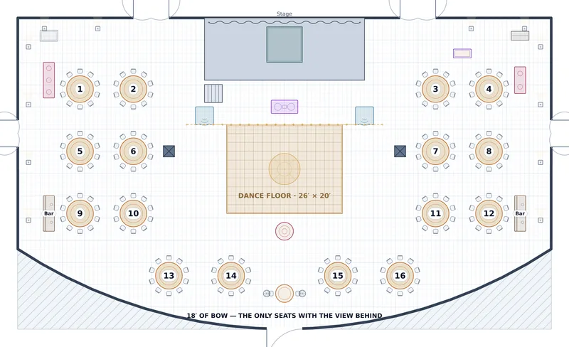 Reception — Bayview Ballroom — a to-scale floor plan of Bayview Ballroom at The Carrick Hotel & Convention Center, 160 at dinner