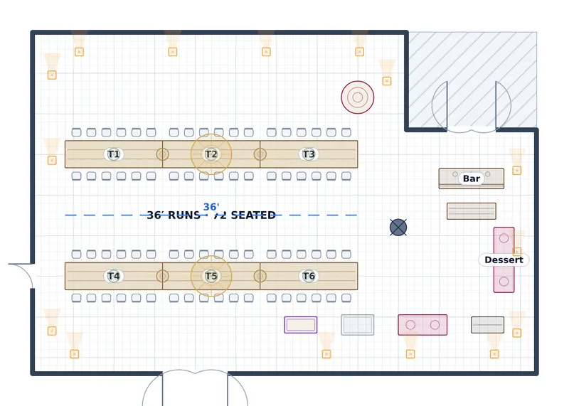 Welcome Dinner — Aurelia Salon — a to-scale floor plan of Aurelia Salon at The Peregrine Hotel & Conference Center, 72 at dinner