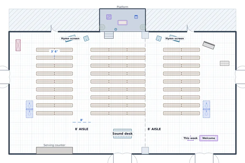 Sunday Worship — Fellowship Hall — a to-scale floor plan of Fellowship Hall at St. Cecilia's Parish Center, 315 in pews