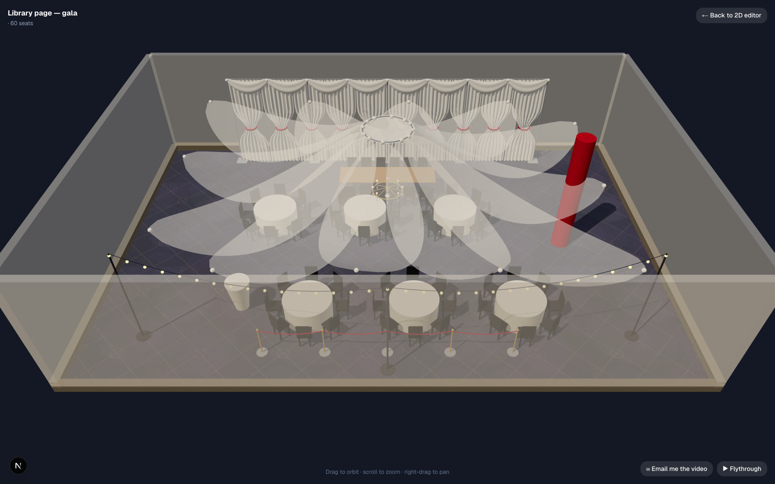 A gala in 3D: a sheer starburst ceiling drape from a centre hoop, a white tie-back drape wall with red sashes and a swagged valance, a red fabric-wrapped column, string lights and rounds with chairs