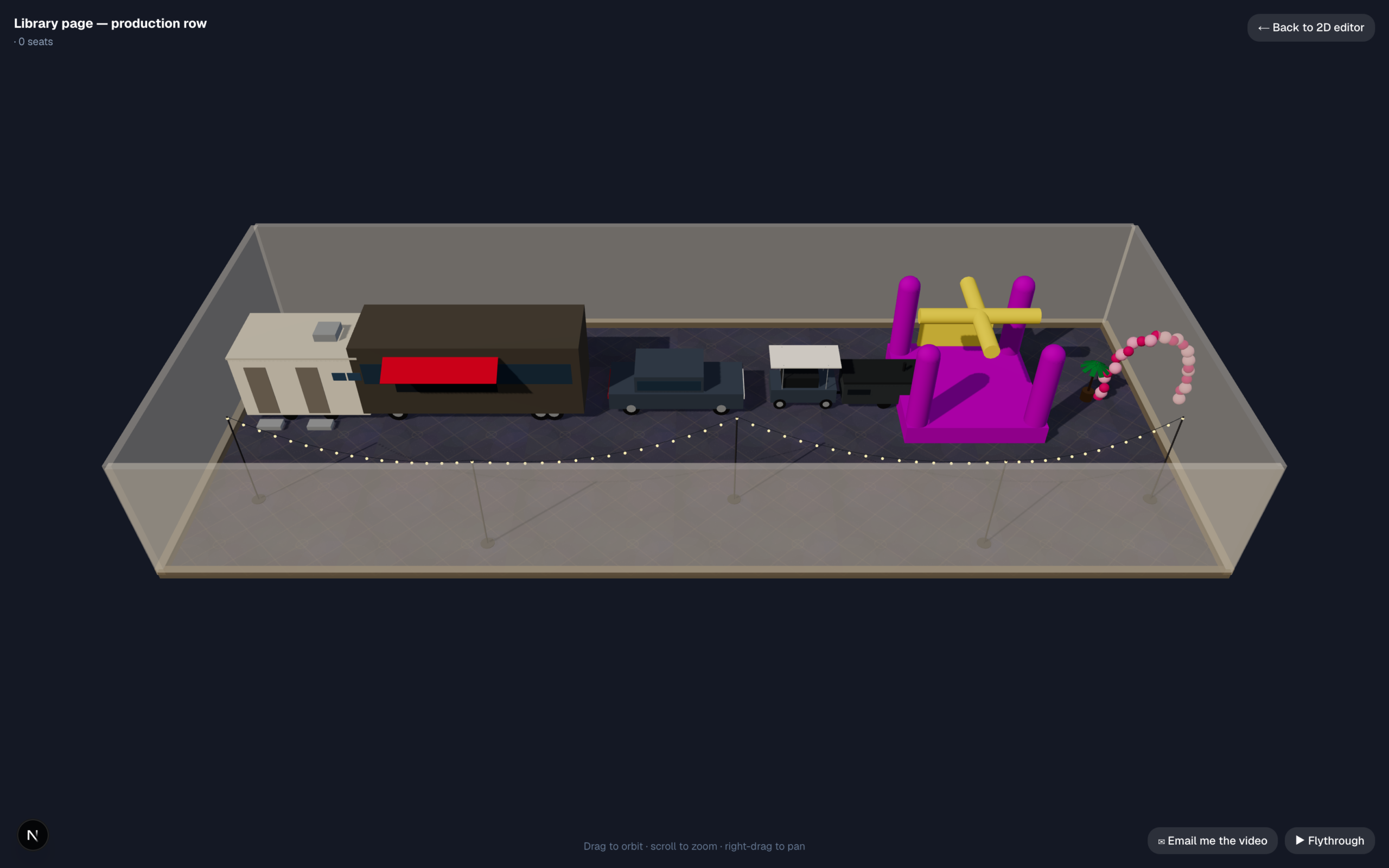 Outdoor and production objects in 3D: a restroom trailer with doors and steps, portable restrooms, a food truck with a serving awning, a car, a golf cart, a generator, a bounce house, a palm and a balloon arch, with string lights strung across