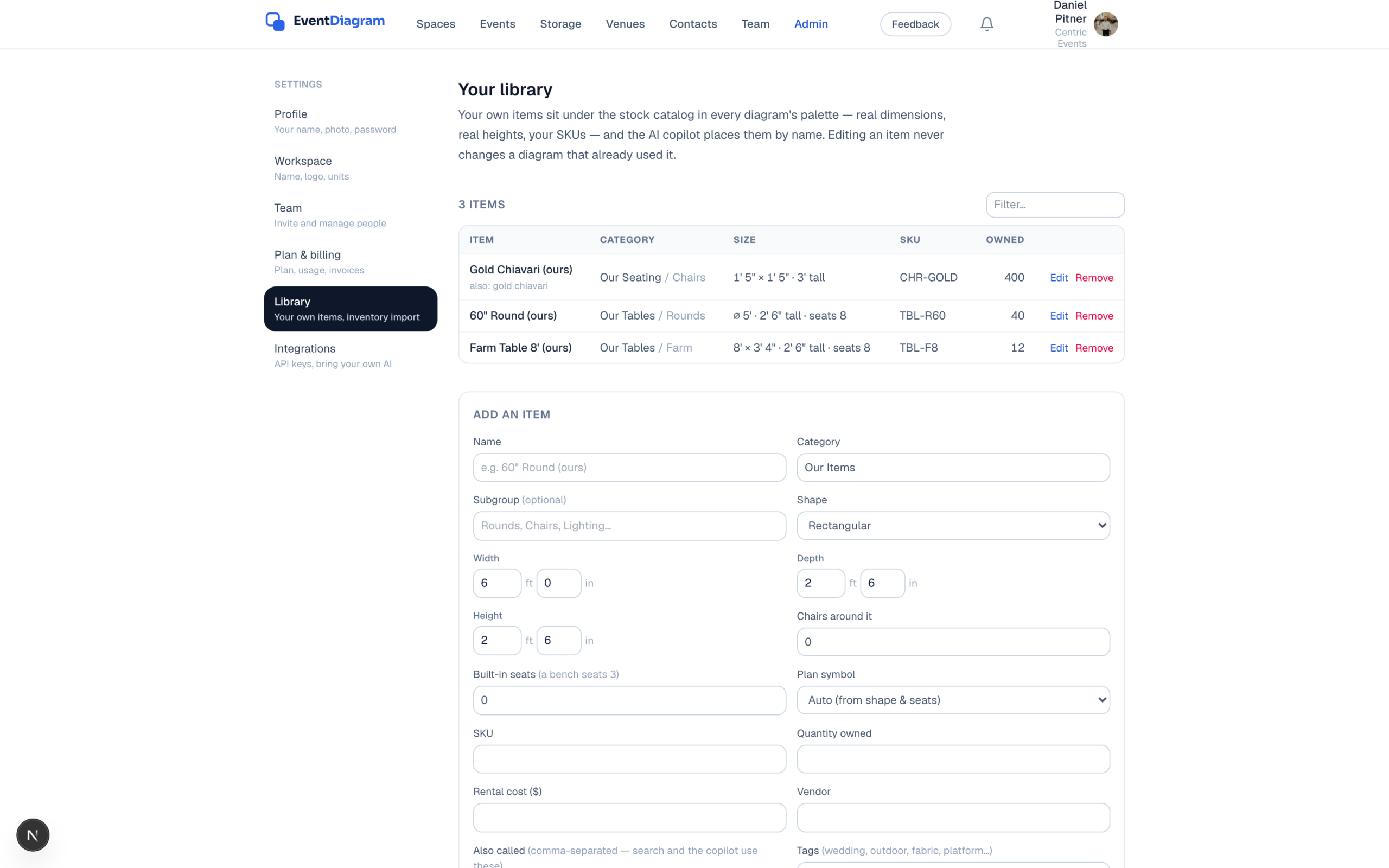 Settings → Library listing a workspace's own items with SKUs and quantities owned, and the form to add another