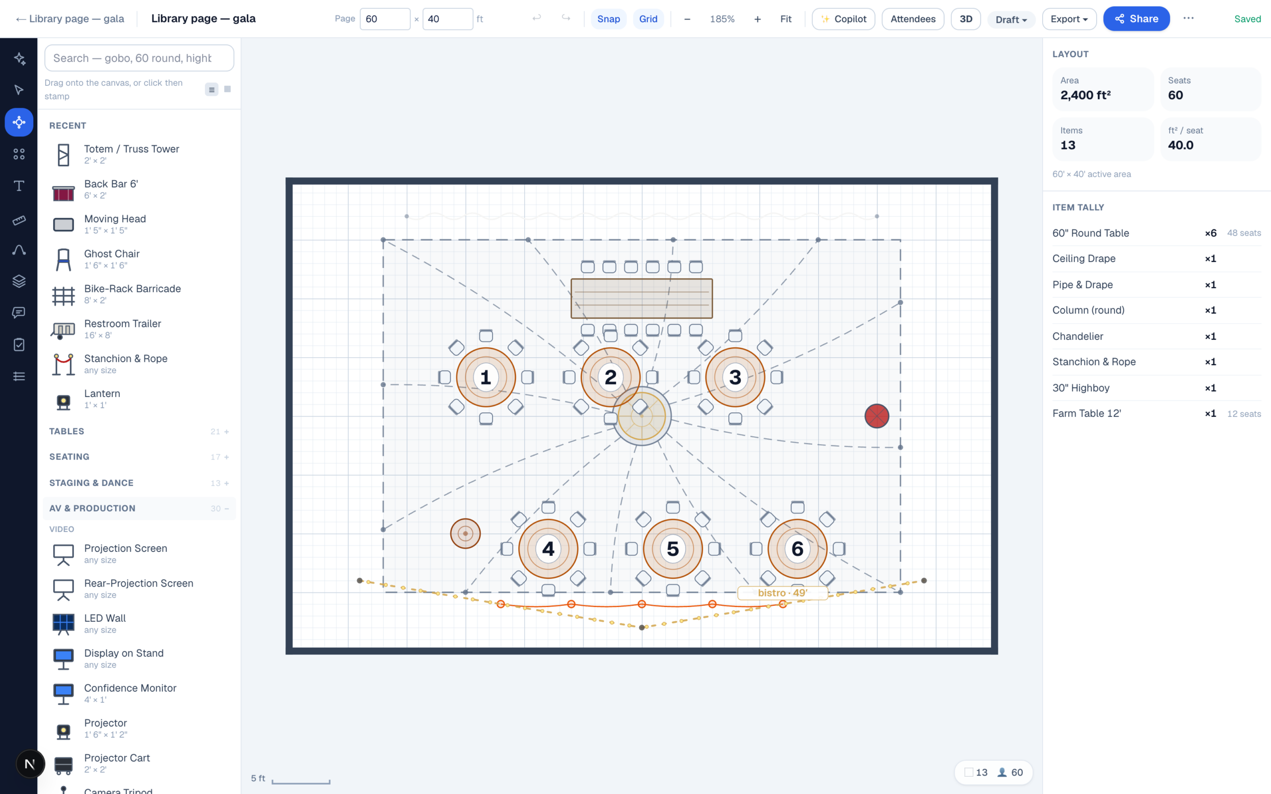 EventDiagram's object palette open on the AV & Production category, with Video, Audio and Rigging subgroups and real dimensions under every item