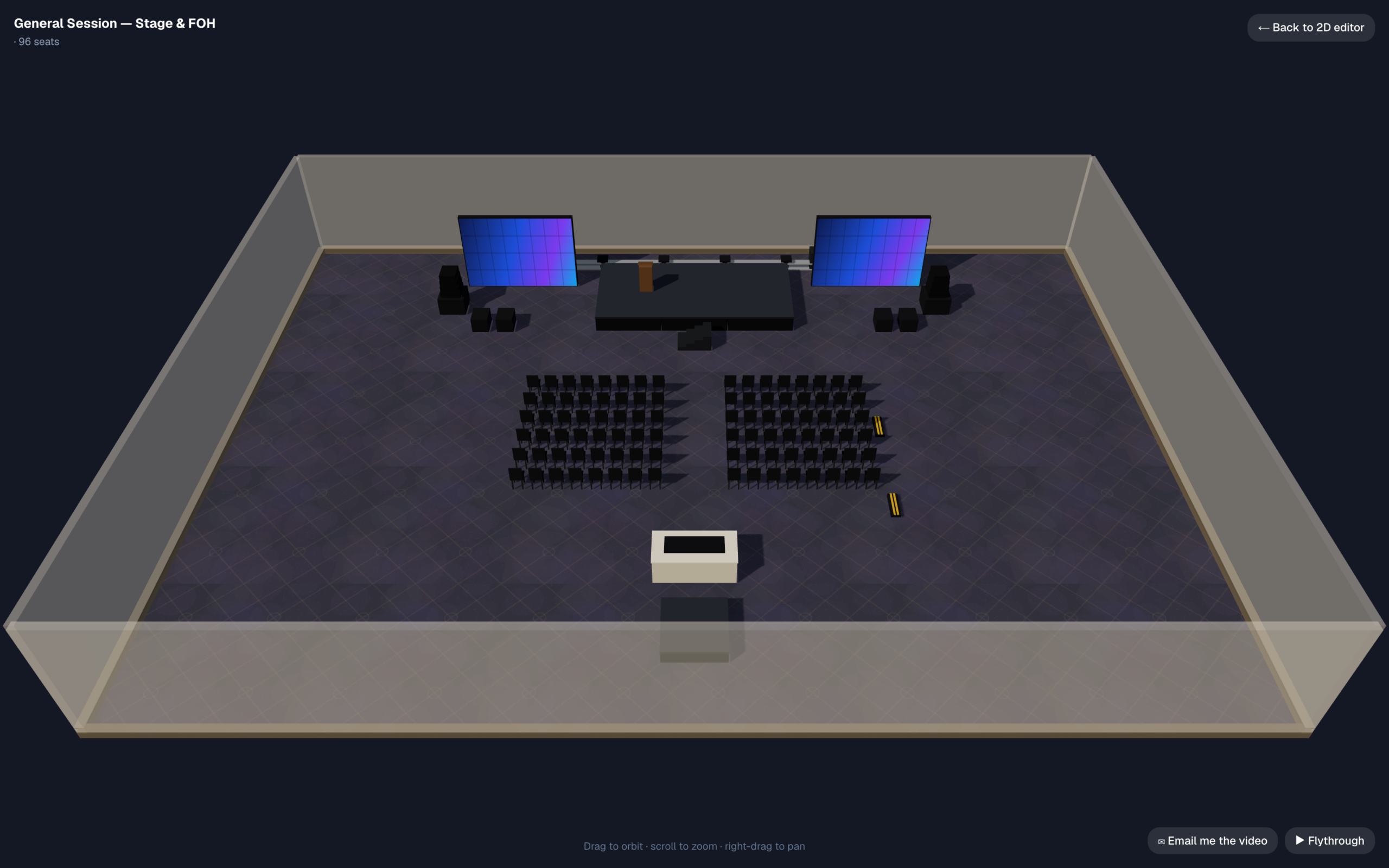3D pre-vis of the same session in EventDiagram: glowing LED walls, black stage and PA stacks, theater chair blocks, and the FOH position