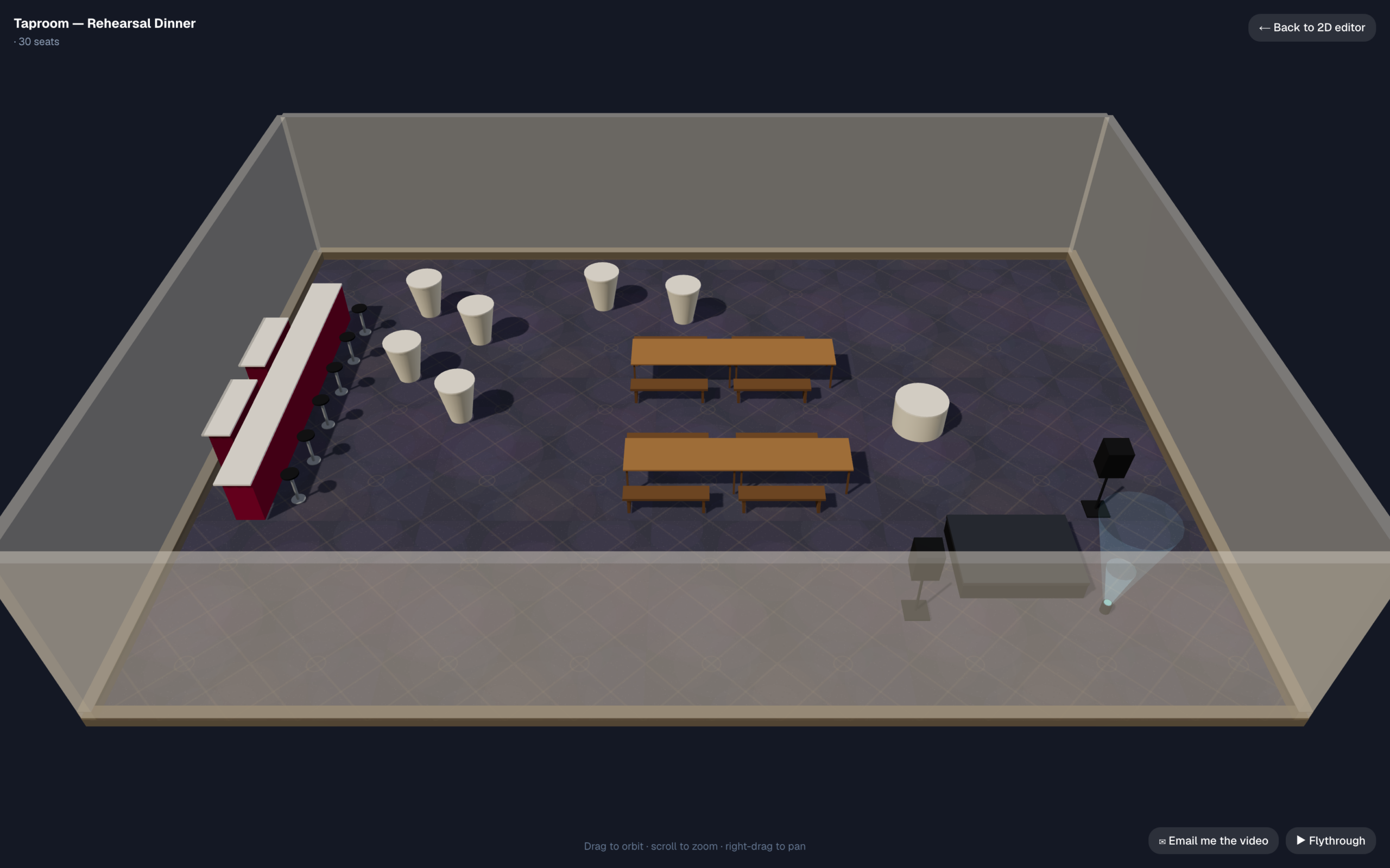 The same taproom set in EventDiagram's 3D view: the red bar with barstools, farm tables with benches, highboys, and the band riser with a speaker and uplight beam