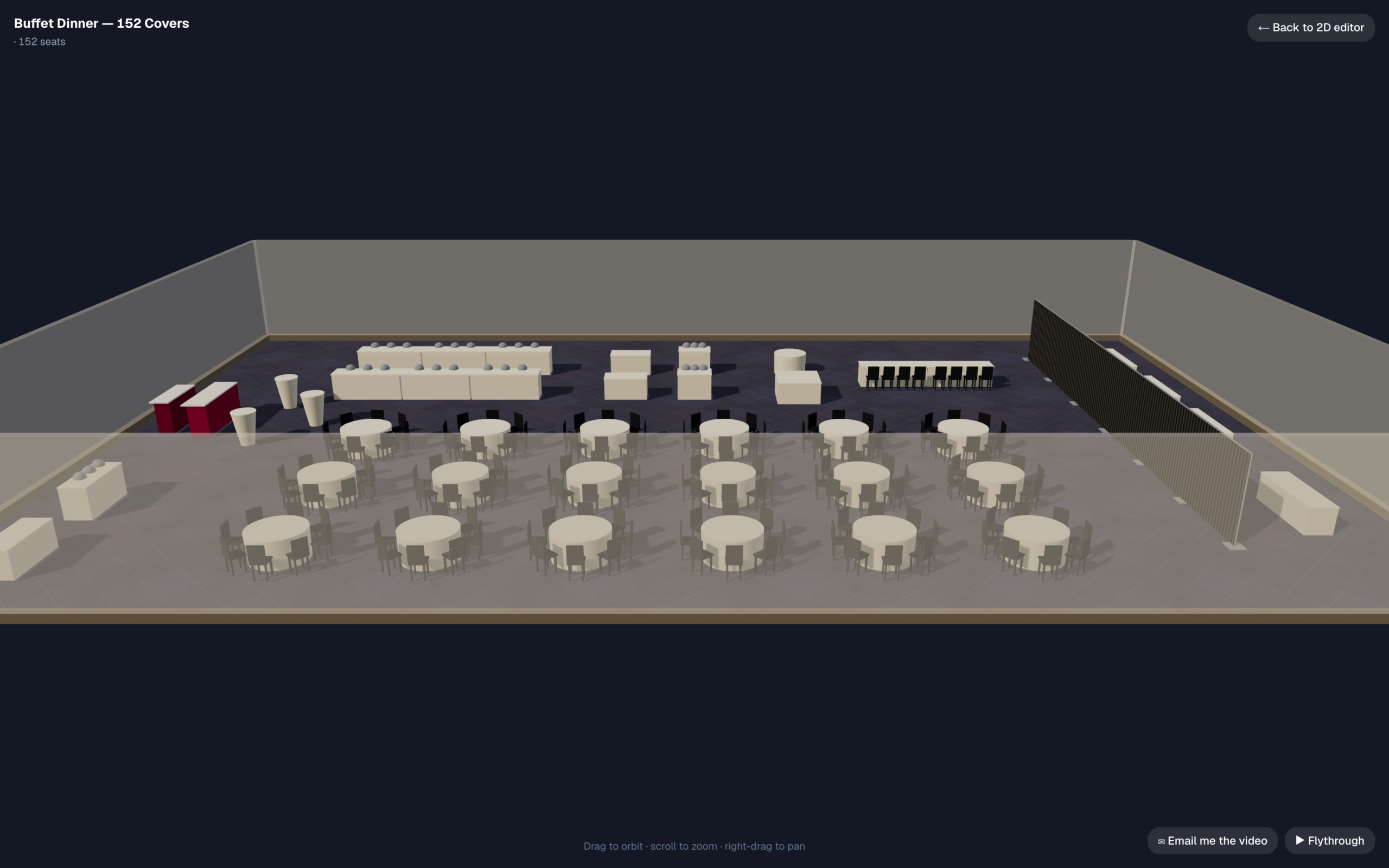 The same 152-cover buffet dinner in EventDiagram's 3D walkthrough: two buffet lines topped with chafers, carving and dessert stations, the bar and back bar with highboys, eighteen rounds with chairs, the family table, and the pipe-and-drape run screening the prep tables