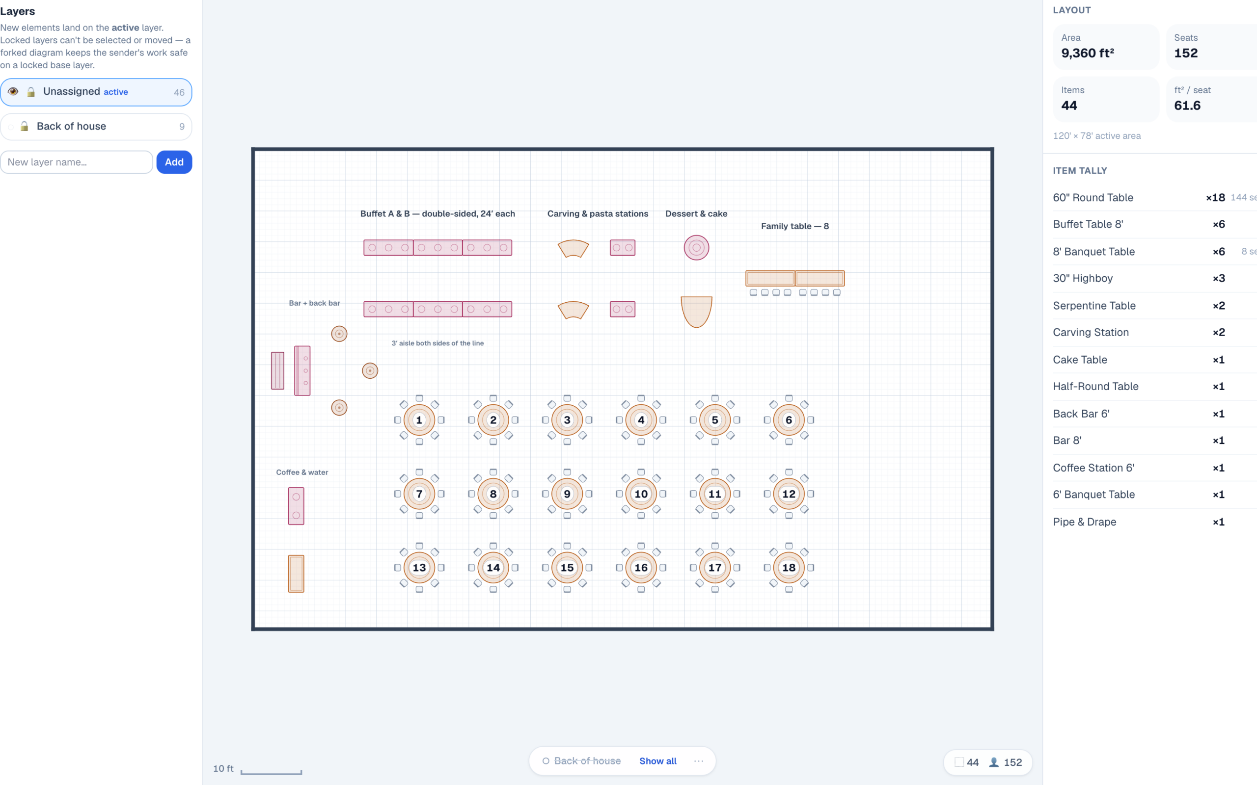 The same EventDiagram floor plan with the Back of house layer hidden: the drape run and prep tables disappear and only the guest-facing buffet, stations, bar, and rounds remain