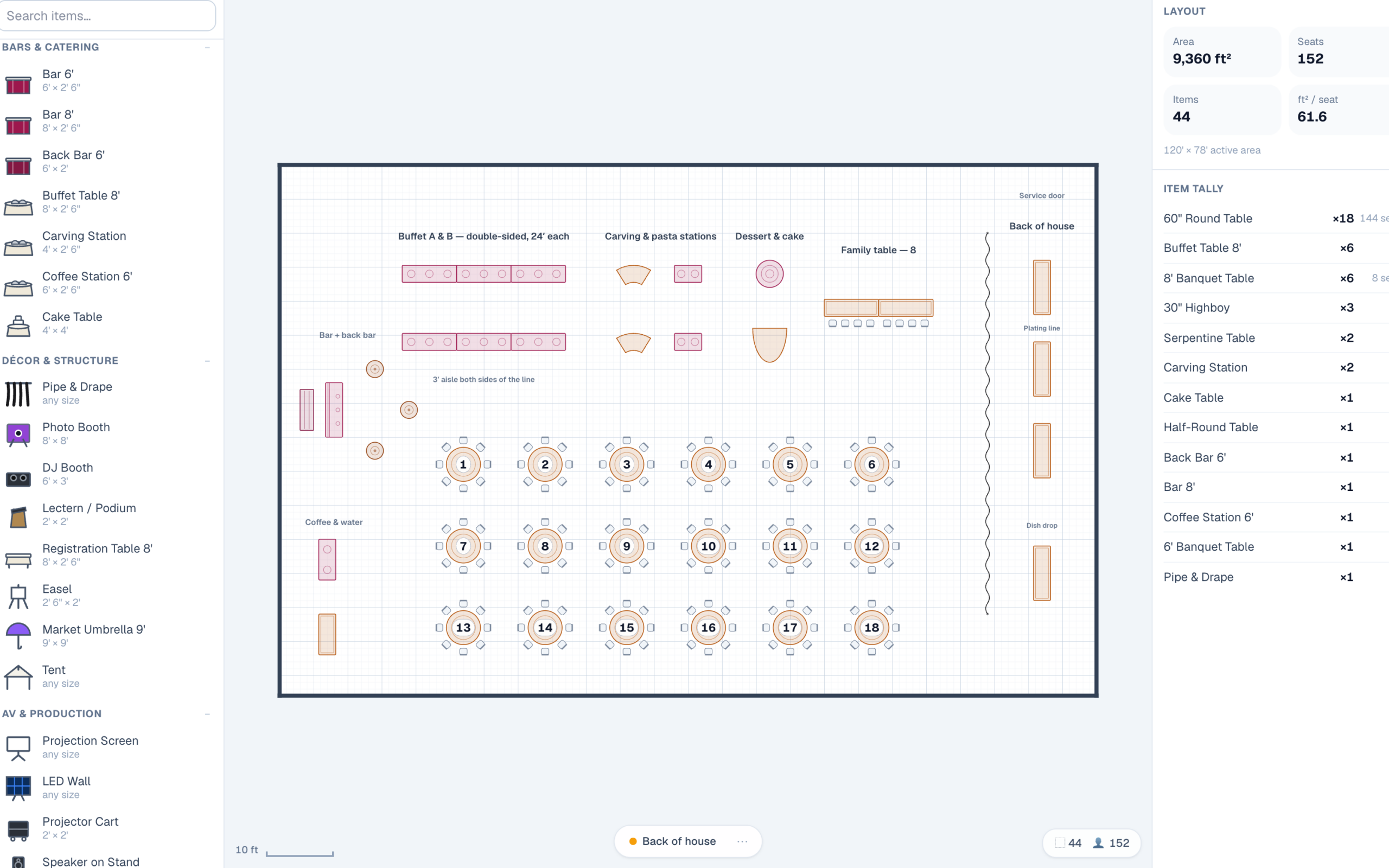 The EventDiagram object library open to the Bars & Catering category: Bar 6', Bar 8', Back Bar 6', Buffet Table 8', Carving Station, Coffee Station 6', and Cake Table, each listed with its real dimensions, beside the buffet dinner floor plan