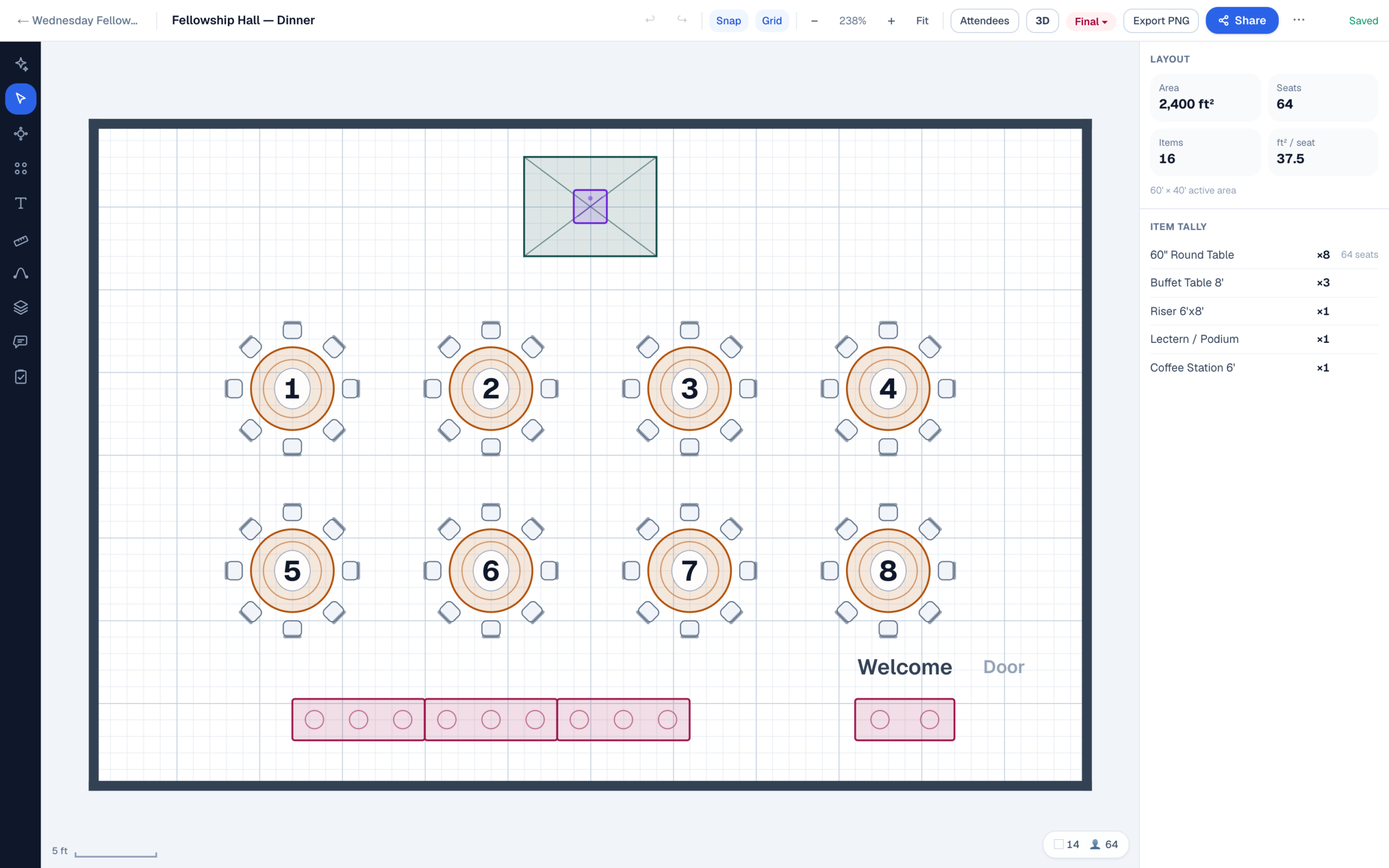 EventDiagram editor with a 60′ × 40′ fellowship hall: 8 rounds of 8, a serving line of three 8′ buffet tables on the back wall, a coffee and welcome table by the labeled door, and a small riser with lectern