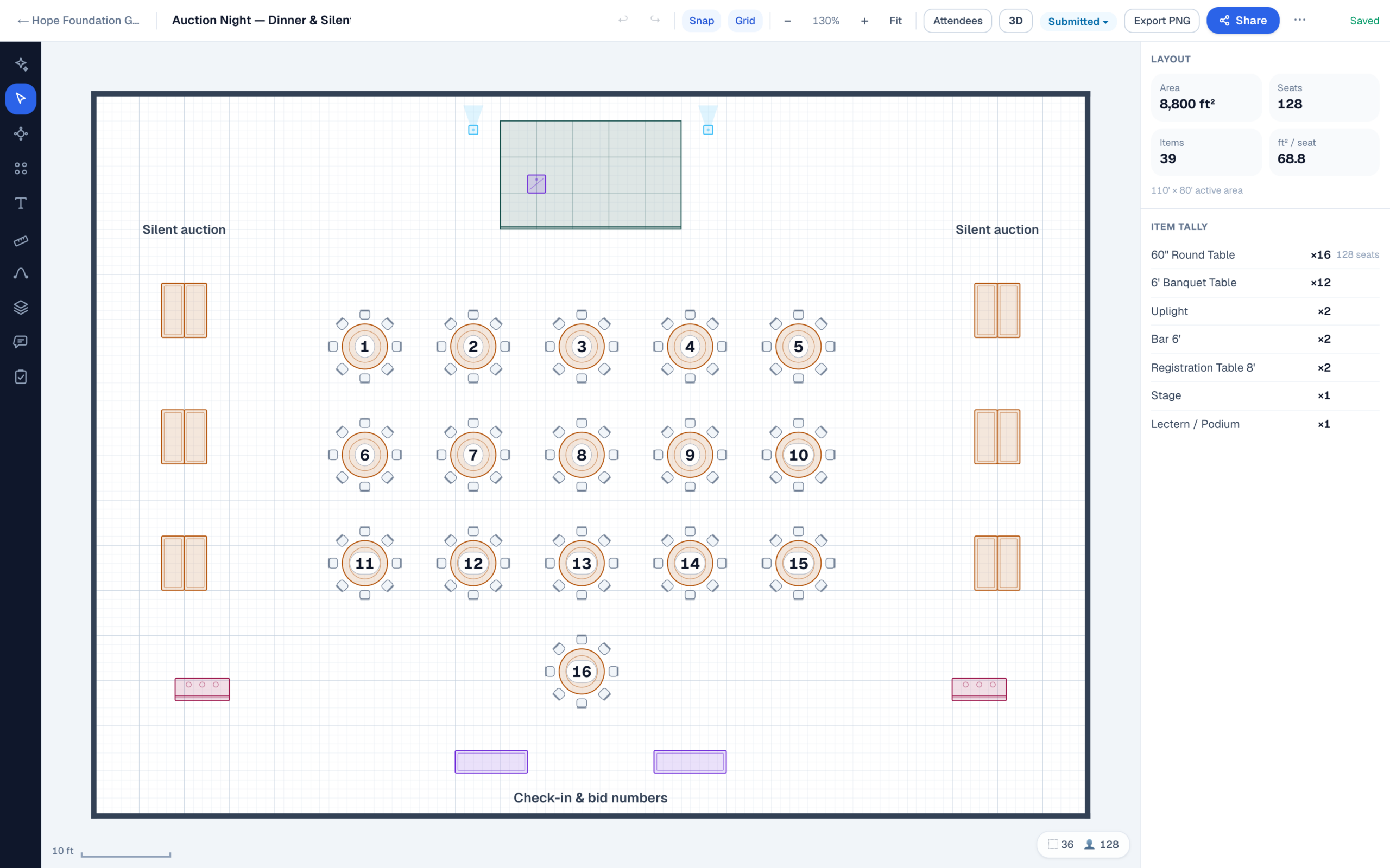 EventDiagram editor with a fundraising gala: 16 dinner rounds of 8 in the center of the room, labeled silent-auction islands of paired 6′ banquets along both side walls with a bar beside each auction zone, a stage with lectern and uplights, and check-in and bid-number tables at the entrance