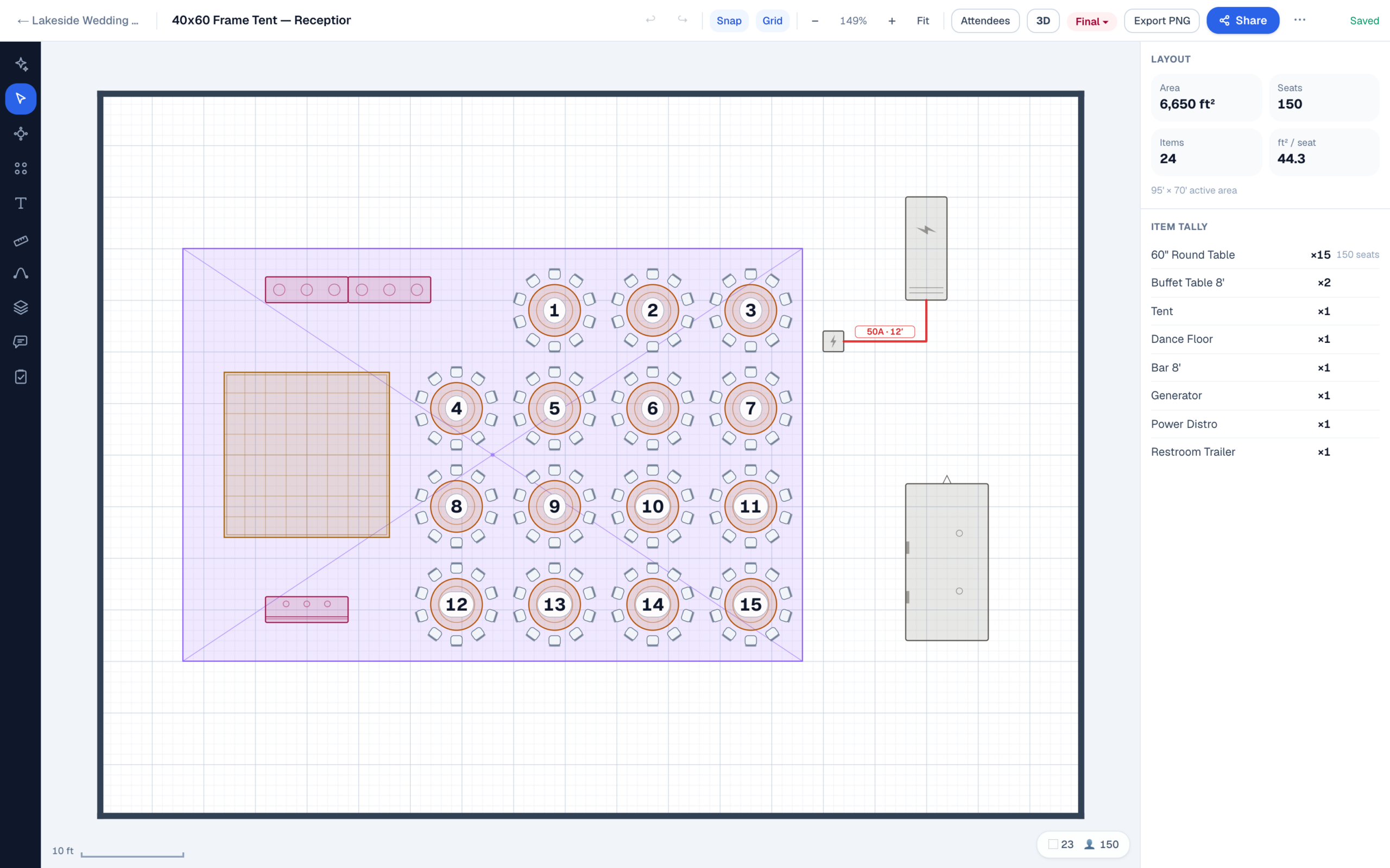 To-scale plan of a 40 by 60 foot frame tent with fifteen 60-inch round tables at service spacing around a 16 by 16 dance floor, two 8-foot buffet tables and a bar under the canopy, and the generator, power distro with its 50-amp cable run, and the restroom trailer placed outside the tent footprint