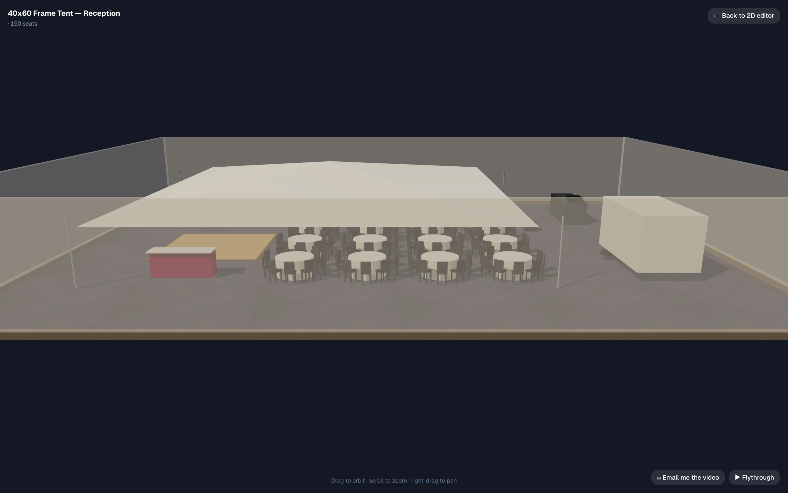 3D walkthrough of the same 40 by 60 frame tent from under the canopy: round tables and chairs beneath it, the bar and dance floor to the left, and the restroom trailer and generator visible outside to the right