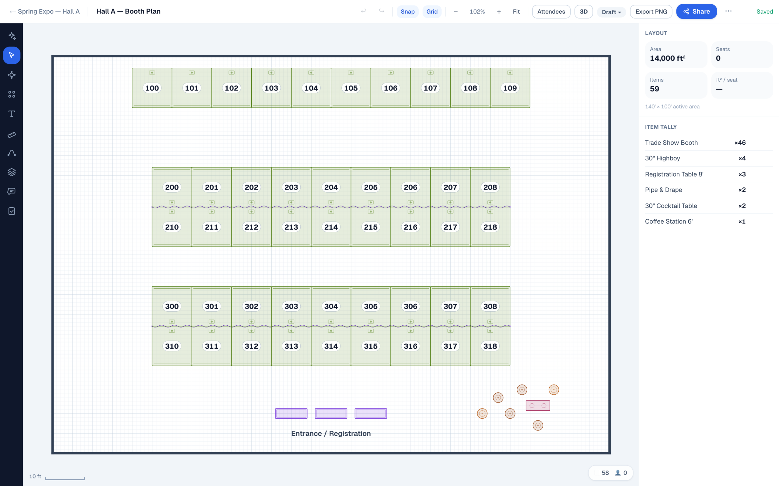 EventDiagram editor with an expo floor: 46 numbered 10×10 booths — a ten-booth perimeter row plus two back-to-back island rows split by 90′ pipe-and-drape spines — aisles of 10′ and up, three registration tables at the labeled entrance, and an F&B corner with coffee station and highboys