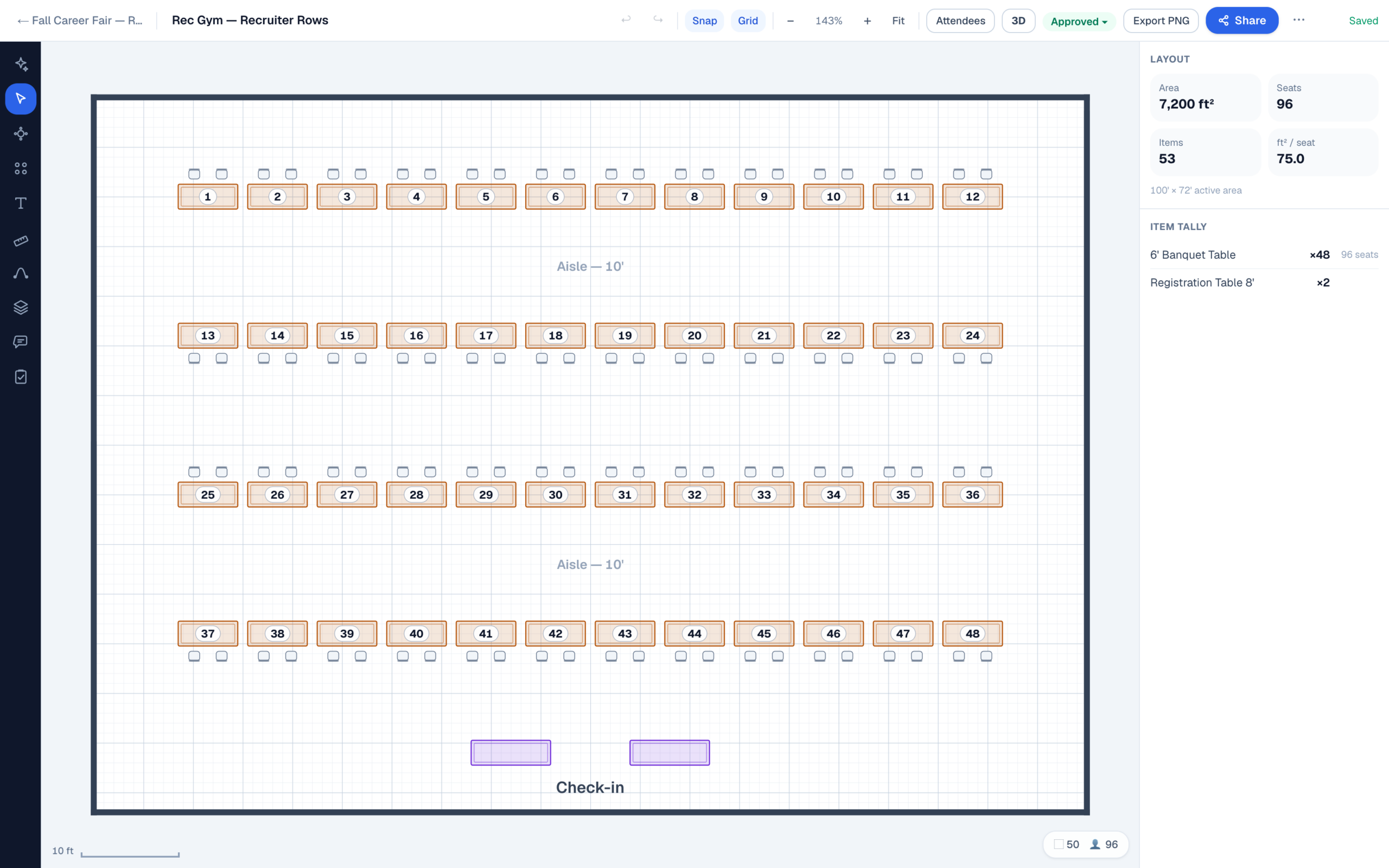 EventDiagram editor with a career-fair layout: 48 numbered 6′ recruiter tables in four long rows, double-loaded so facing rows share labeled 10′ aisles, a recruiter chair behind each table, and two check-in tables at the doors