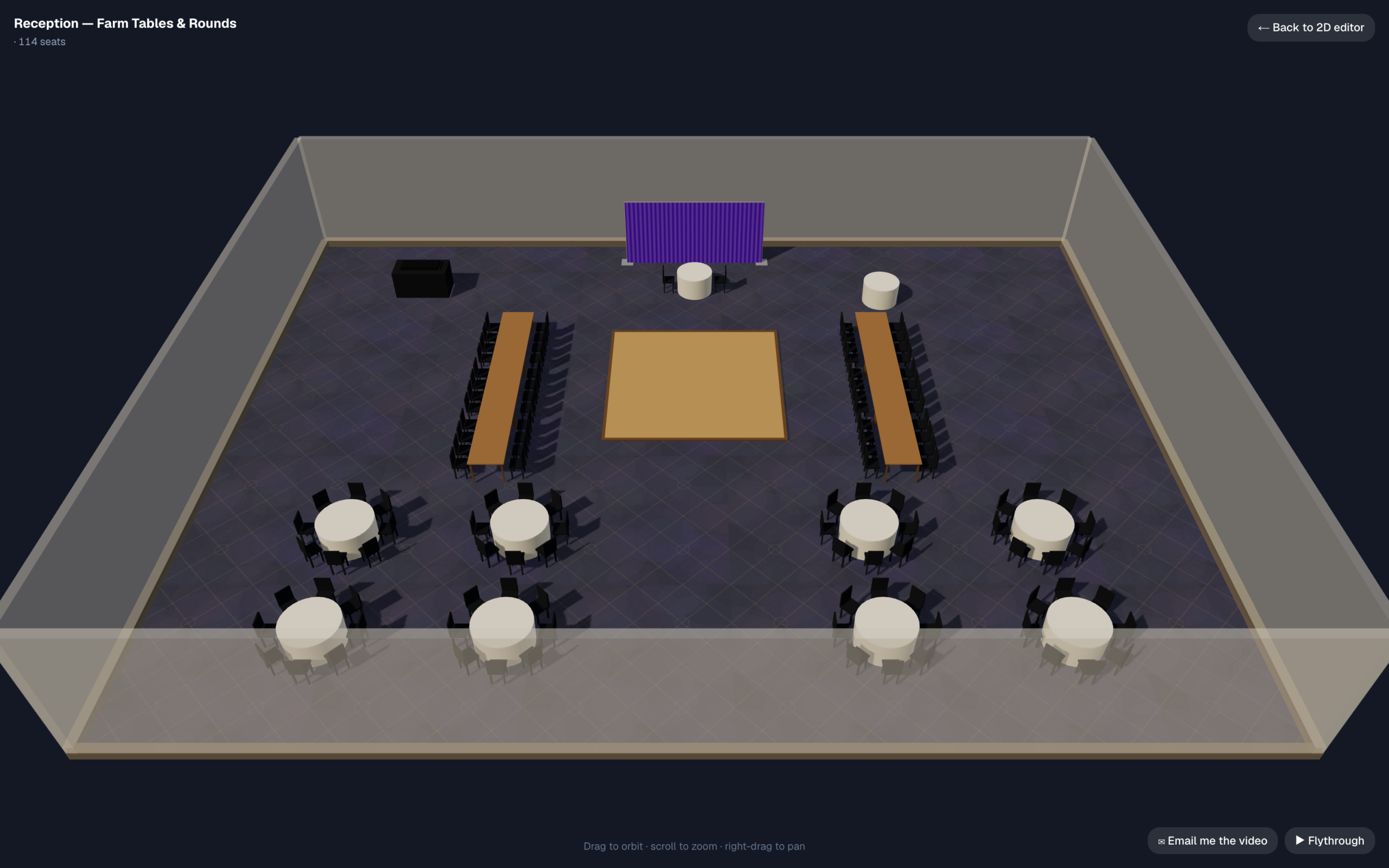 3D walkthrough view of the same 114-guest wedding reception: the sweetheart table and drape at the far end, farm-table runs either side of the dance floor, and the rounds of eight in the foreground