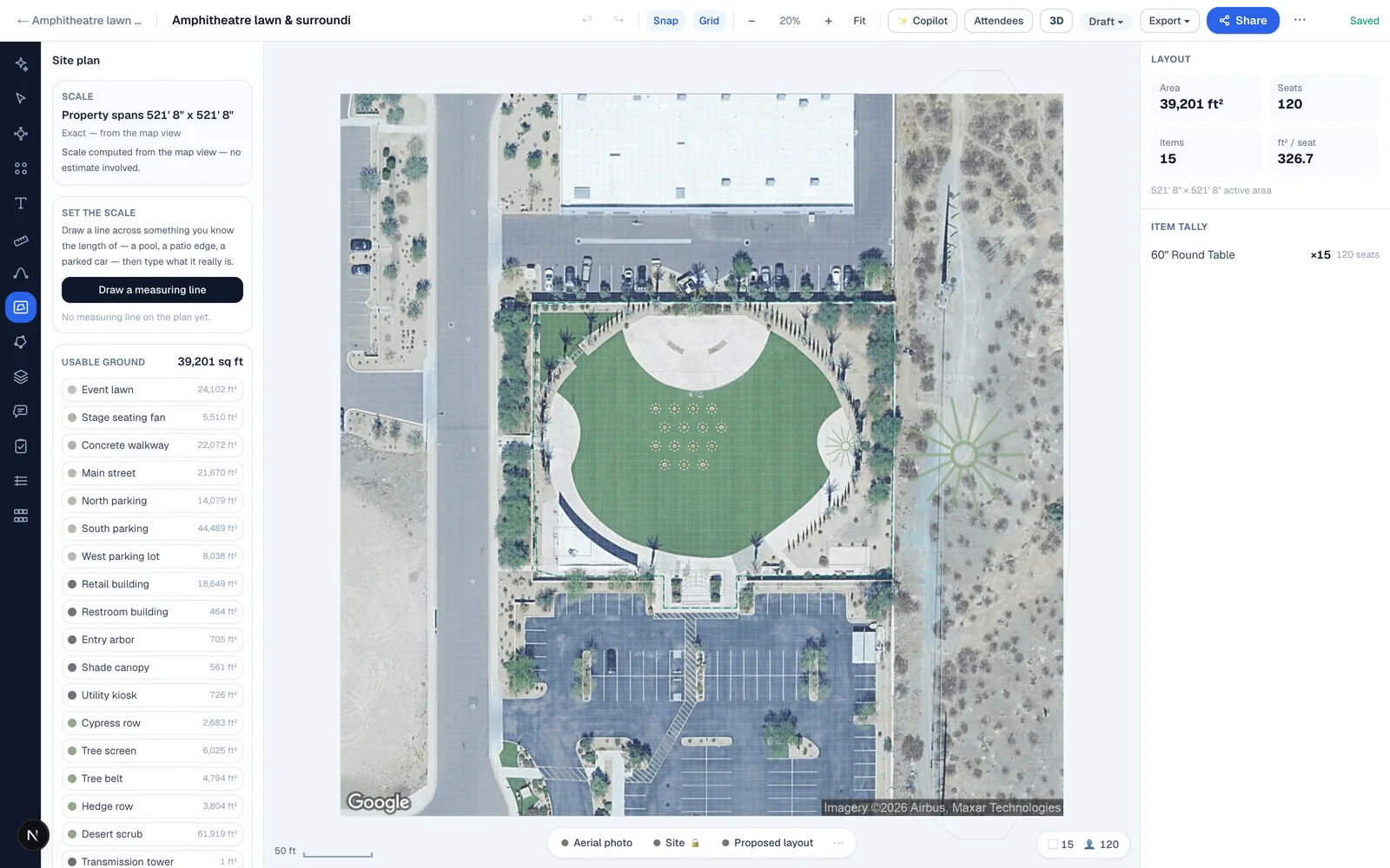 The editor showing an aerial photograph of an event lawn as the plan itself, with traced areas labelled over it — great lawn, amphitheatre plaza, palm rows — and the Site plan panel open on the left showing the property span, the usable ground in square feet and the scale source