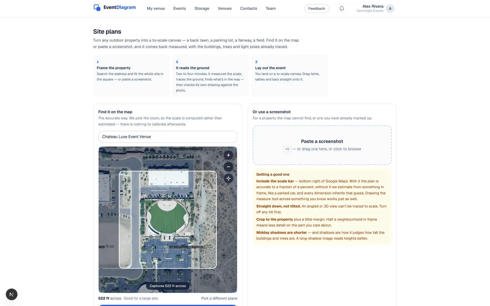 The site plan page: a search box with a property selected, a satellite view of an event lawn framed in a square, and a pill along the bottom reading how many feet the frame captures