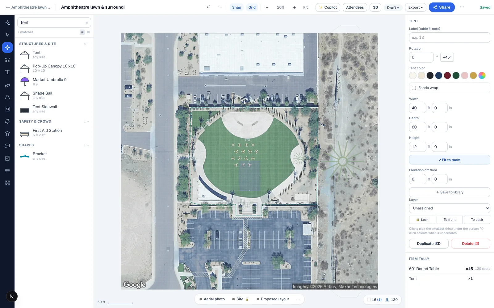 A forty by sixty foot tent placed on the traced lawn of the aerial site plan, sized in feet and inches from the object palette